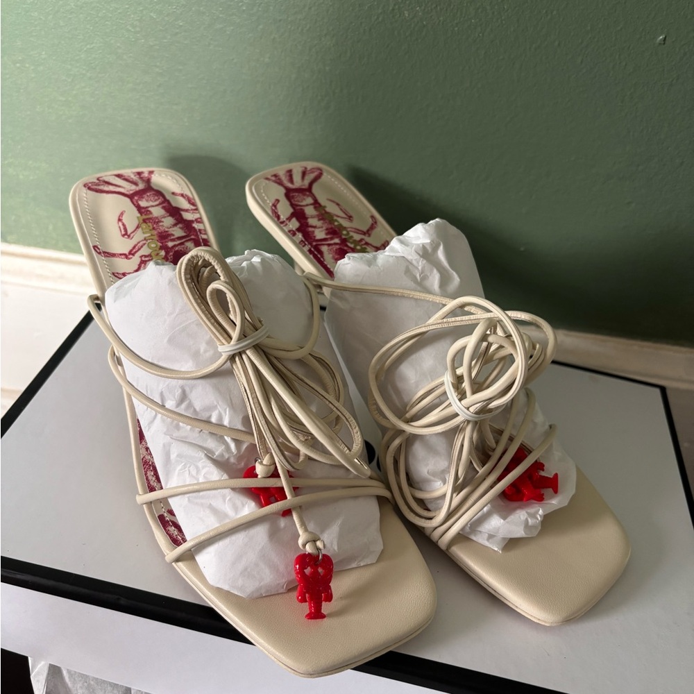 Larroude Cream Strappy Sandals with Red Accents
